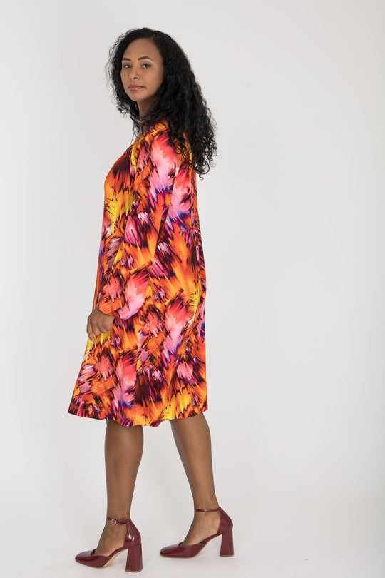 A-lined belted short jersey dress - Pink-orange