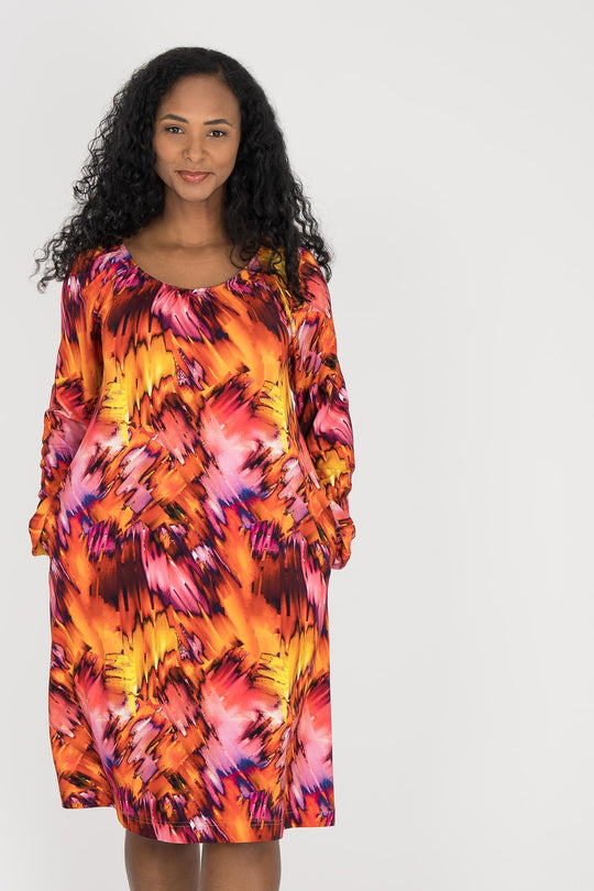 A-lined belted short jersey dress - Pink-orange