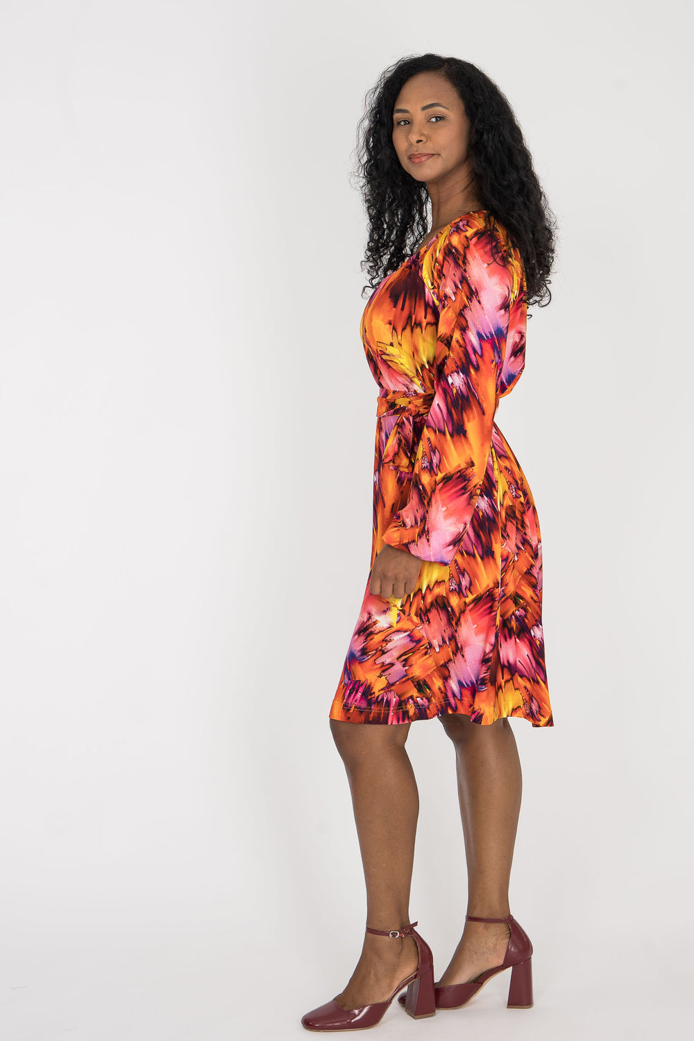 A-lined belted short jersey dress - Pink-orange