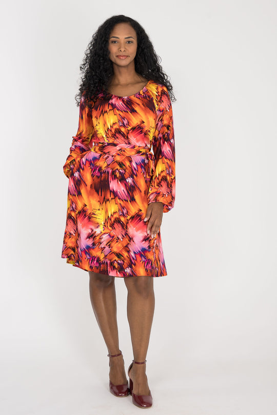 A-lined belted short jersey dress - Pink-orange