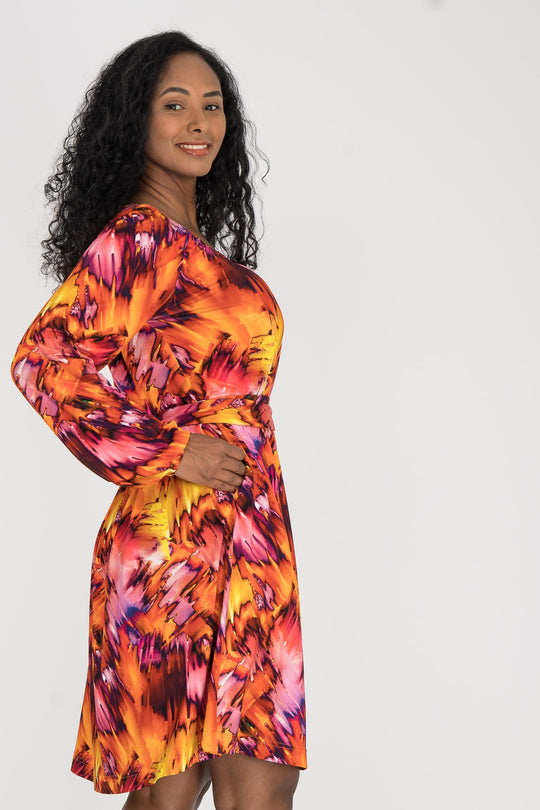 A-lined belted short jersey dress - Pink-orange