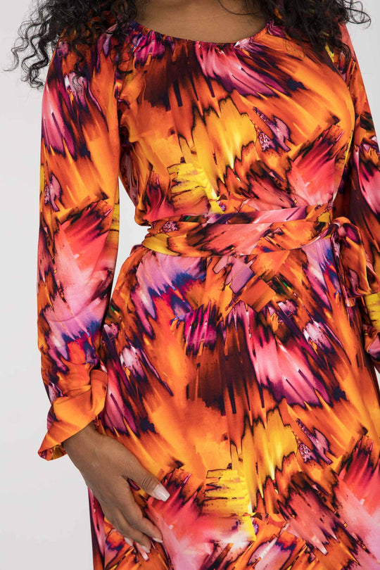 A-lined belted short jersey dress - Pink-orange