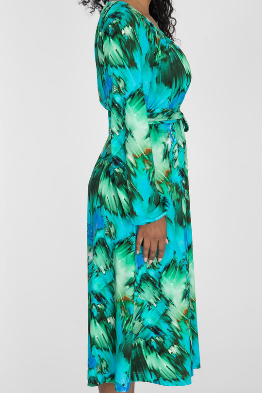 A-lined belted midi jersey dress - Blue-green