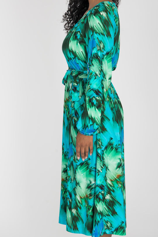 A-lined belted midi jersey dress - Blue-green