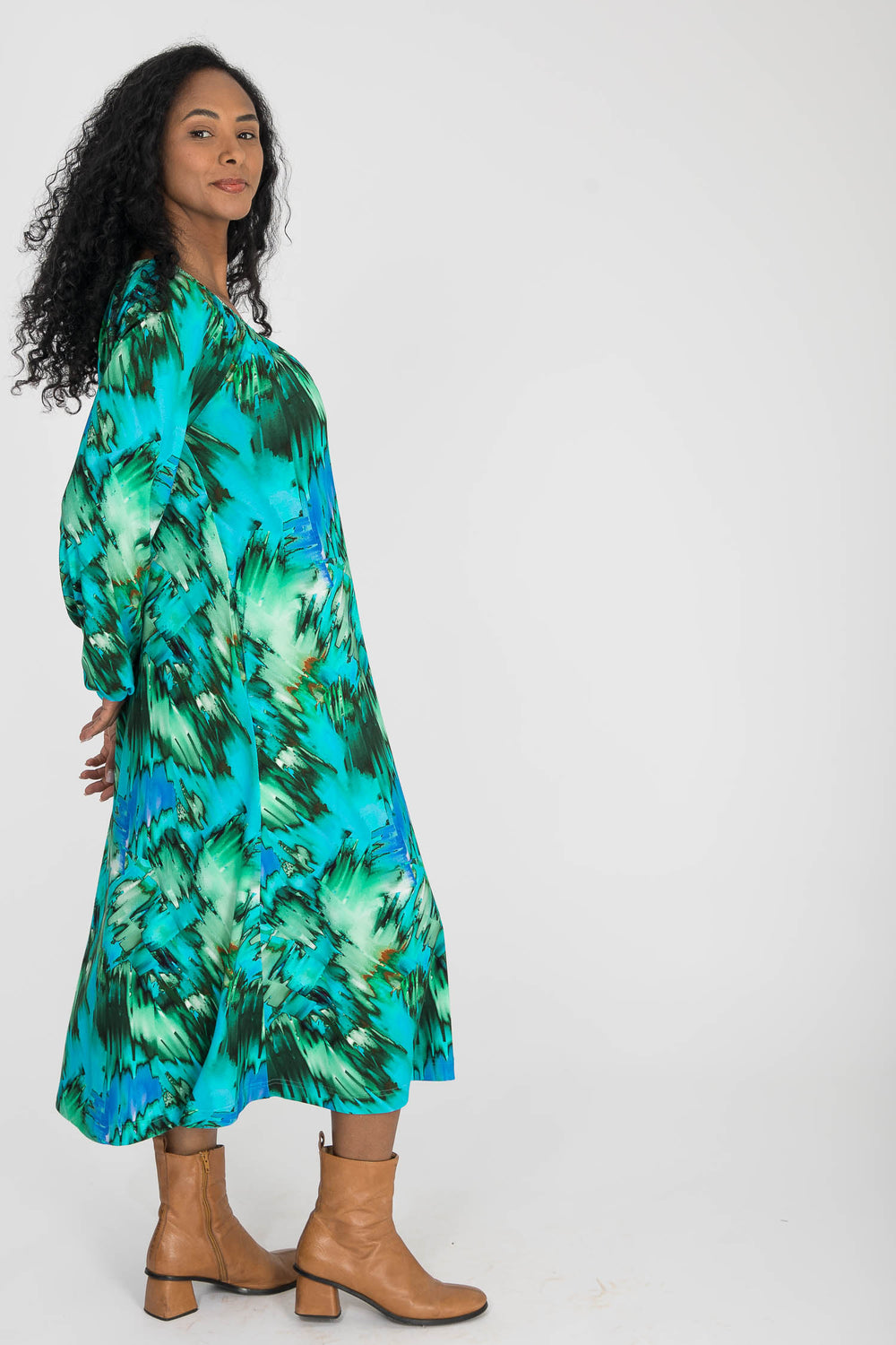 A-lined belted midi jersey dress - Blue-green