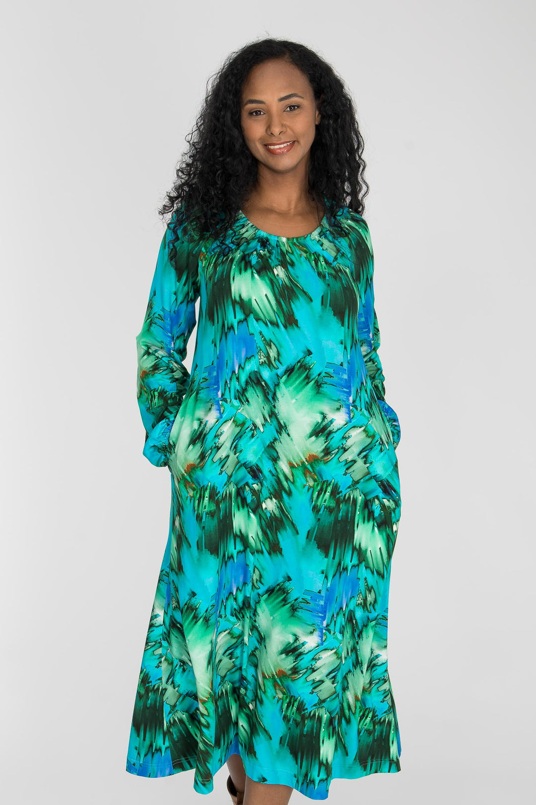 A-lined belted midi jersey dress - Blue-green