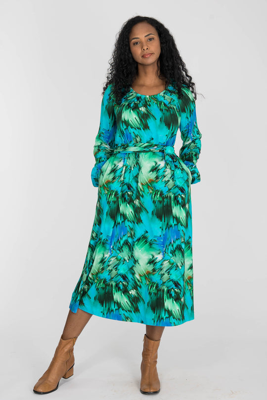 A-lined belted midi jersey dress - Blue-green