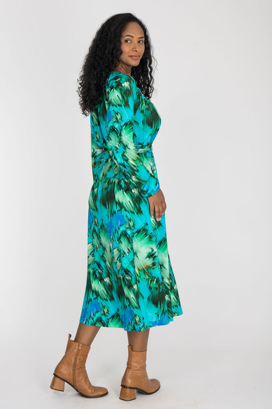 A-lined belted midi jersey dress - Blue-green