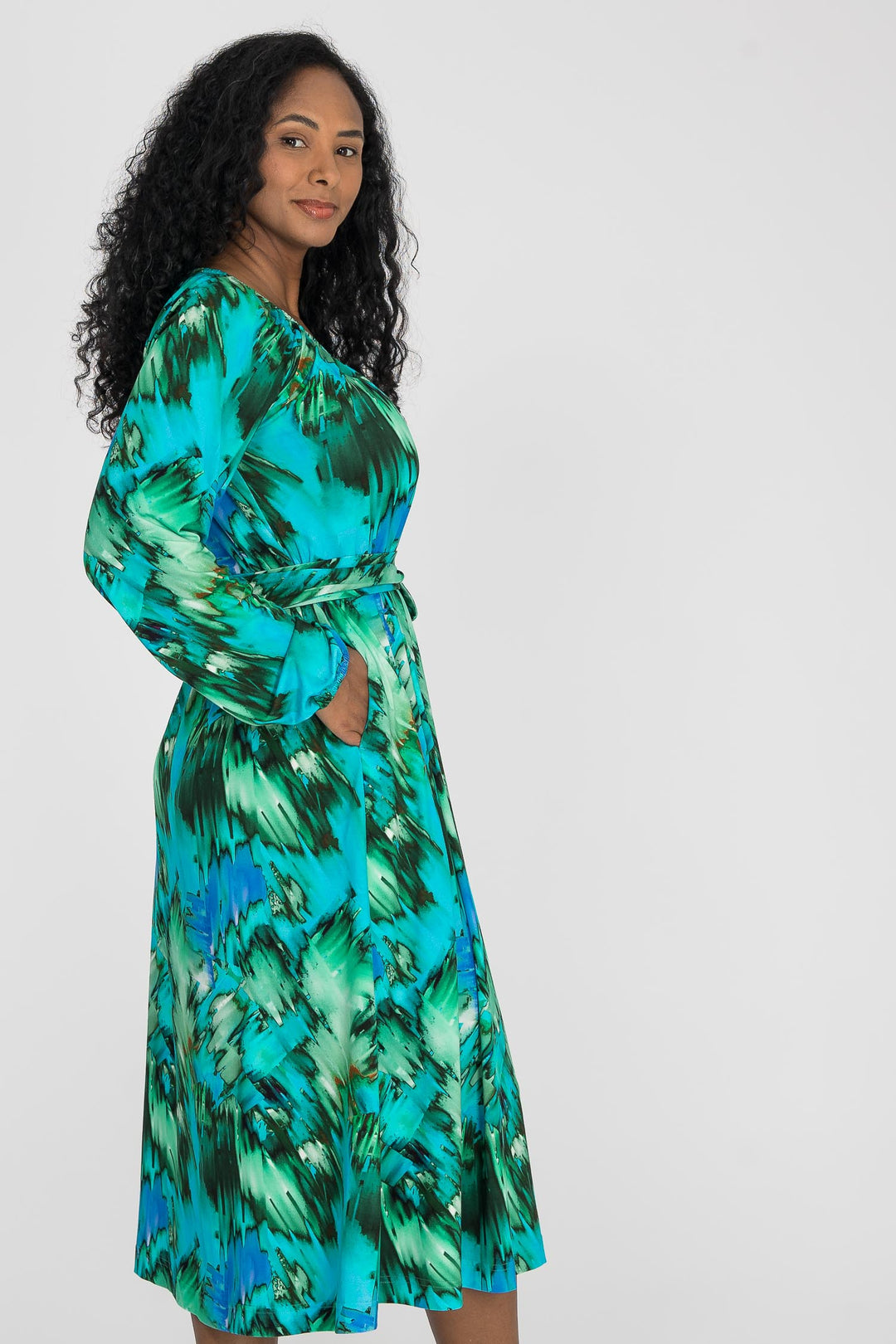 A-lined belted midi jersey dress - Blue-green