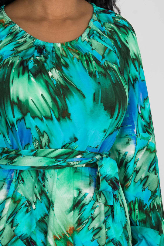 A-lined belted midi jersey dress - Blue-green