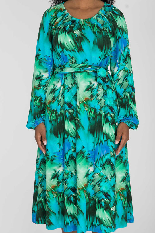 A-lined belted midi jersey dress - Blue-green