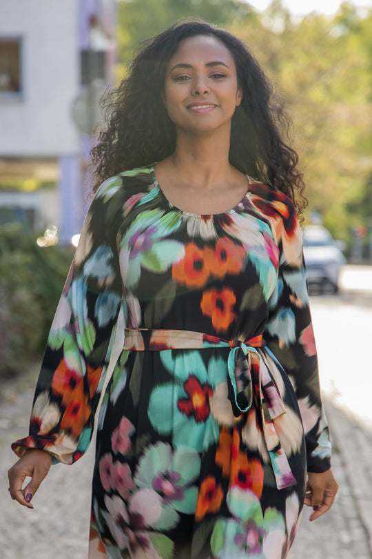 A-lined belted midi jersey dress - Black