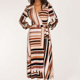Puff sleeve midi wrap jersey dress - Brown printed