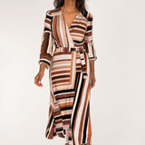 Puff sleeve midi wrap jersey dress - Brown printed
