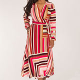 Puff sleeve midi wrap jersey dress - Pink printed