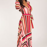 Puff sleeve midi wrap jersey dress - Pink printed
