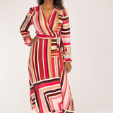 Puff sleeve midi wrap jersey dress - Pink printed