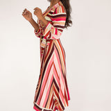 Puff sleeve midi wrap jersey dress - Pink printed