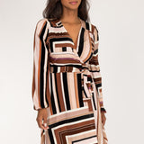 Puff sleeve short wrap jersey dress - Brown printed