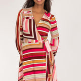 Puff sleeve short wrap jersey dress - Pink printed