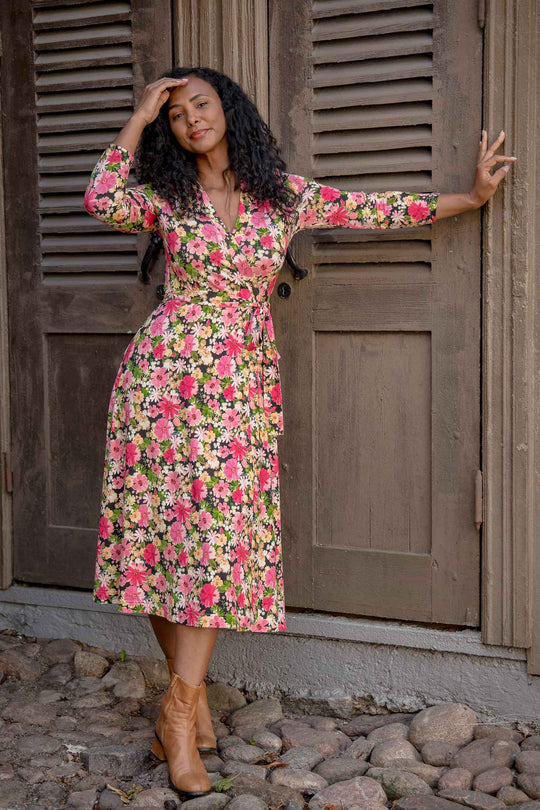 Bestie midi wrap jersey dress - Pink flowers