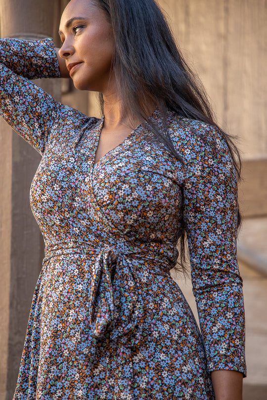 Bestie midi wrap jersey dress - Brown flowers