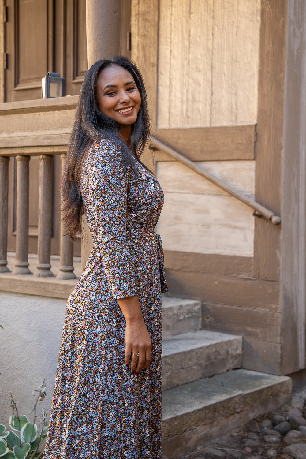 Bestie midi wrap jersey dress - Brown flowers