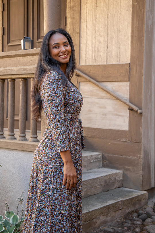Bestie midi wrap jersey dress - Brown flowers