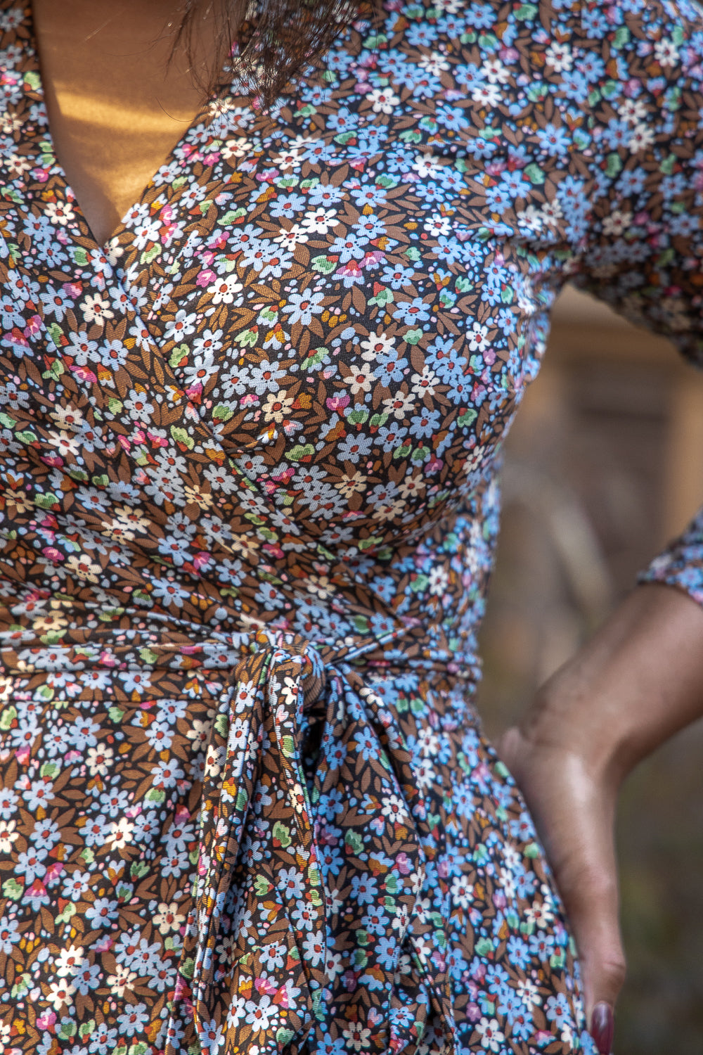 Bestie midi wrap jersey dress - Brown flowers