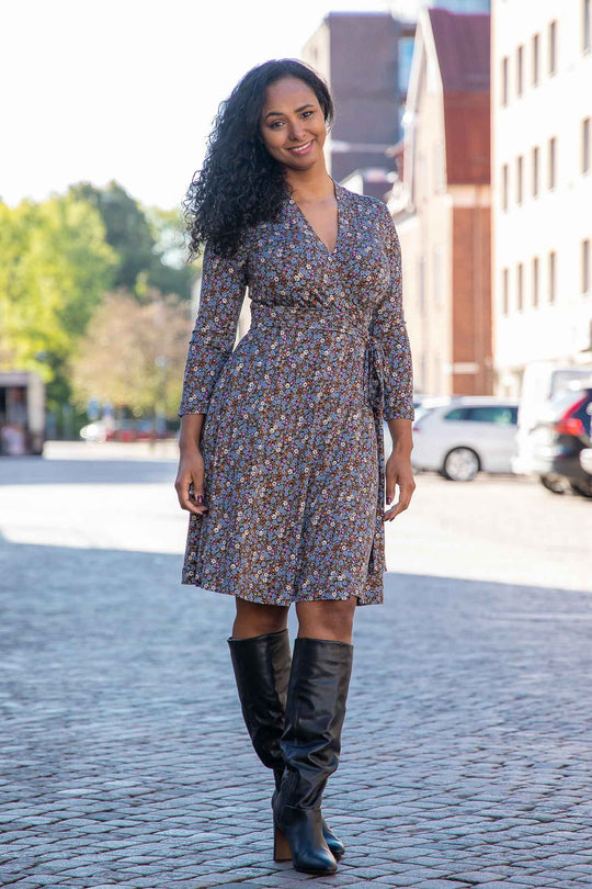 Bestie short wrap jersey dress - Brown flowers