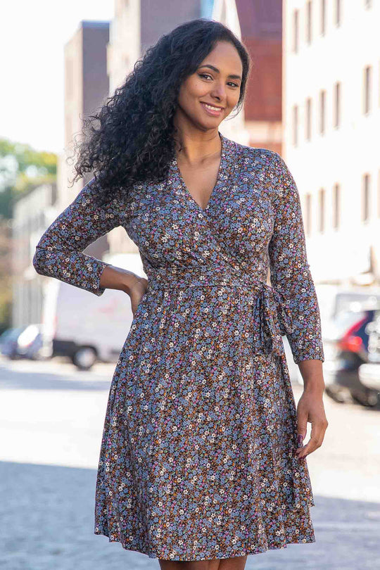 Bestie short wrap jersey dress - Brown flowers