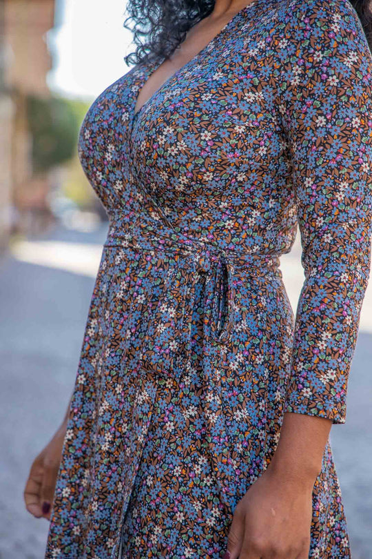 Bestie short wrap jersey dress - Brown flowers