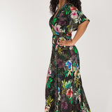 Bestie shine wrap maxi jersey dress - Black flowers