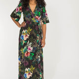 Bestie shine wrap maxi jersey dress - Black flowers