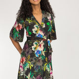 Bestie shine wrap short jersey dress - Black flowers