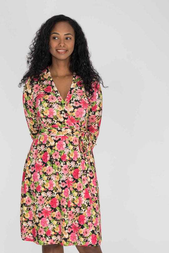 Bestie wrap short jersey dress - Pink flowers