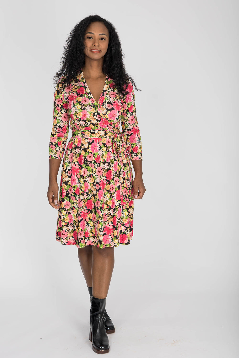 Bestie wrap short jersey dress - Pink flowers