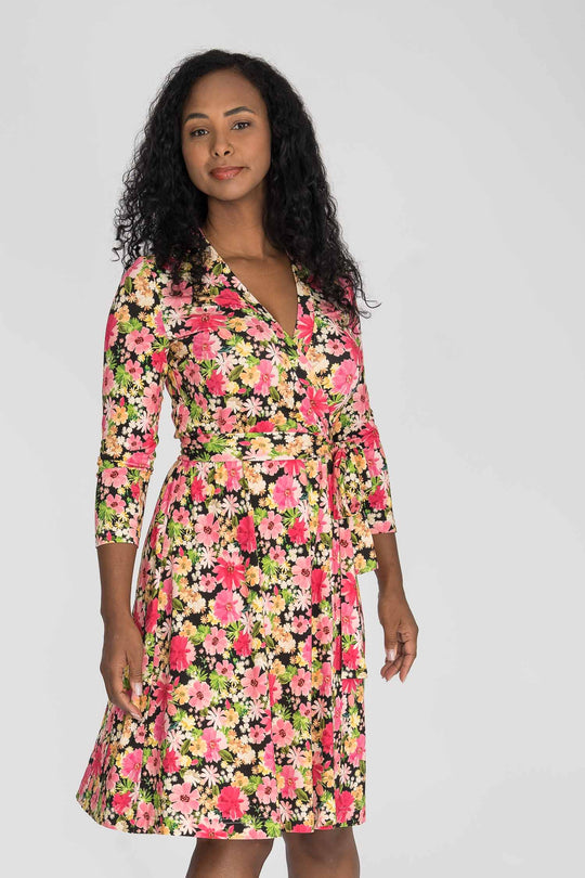 Bestie wrap short jersey dress - Pink flowers