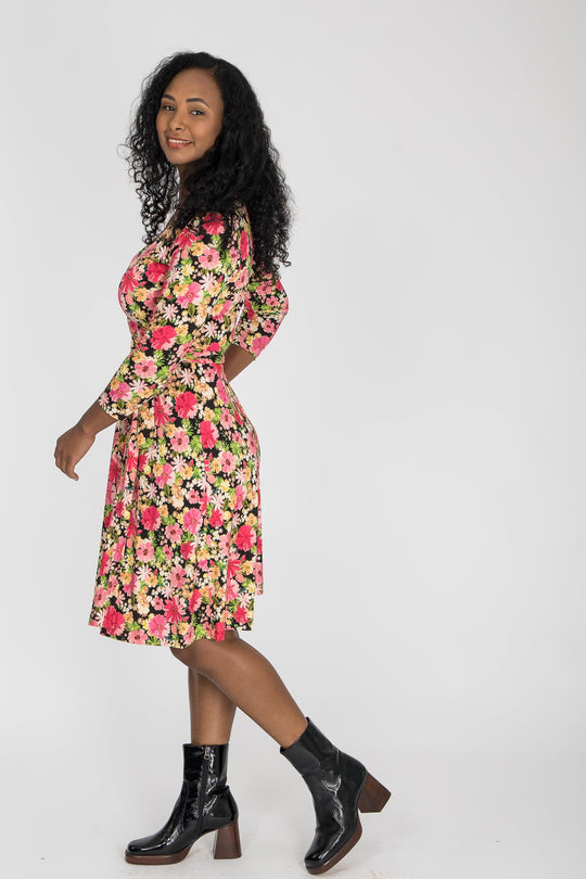 Bestie wrap short jersey dress - Pink flowers