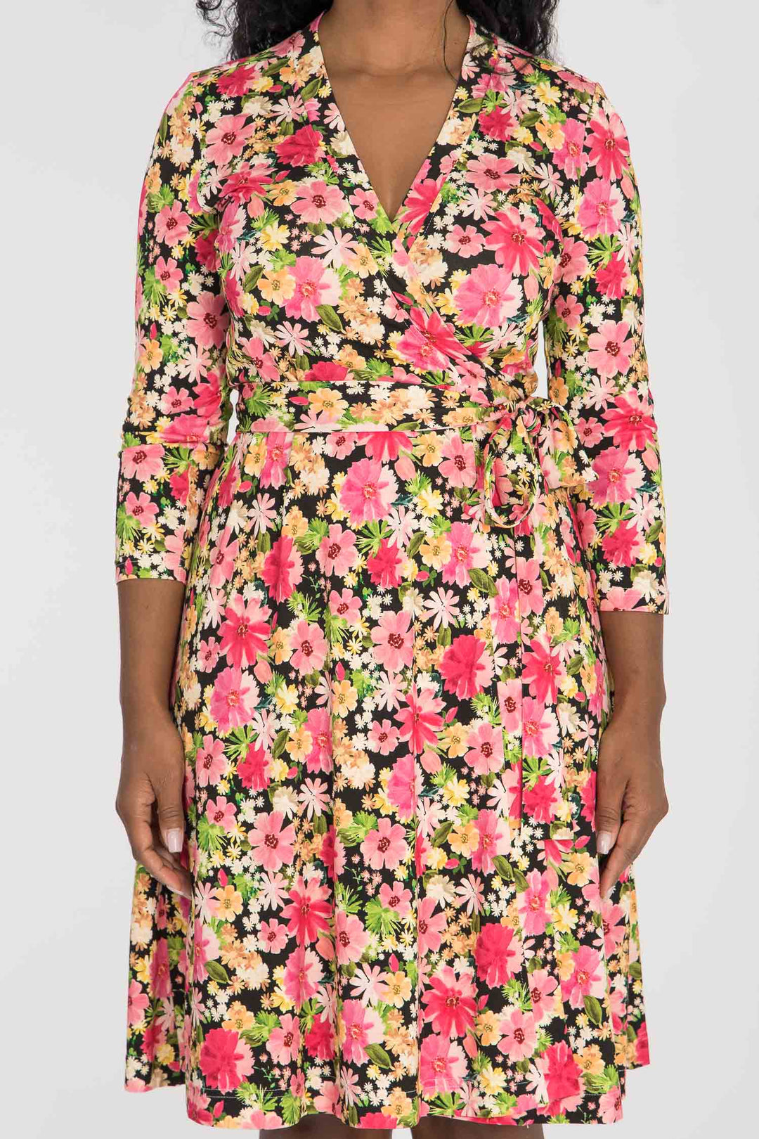 Bestie wrap short jersey dress - Pink flowers