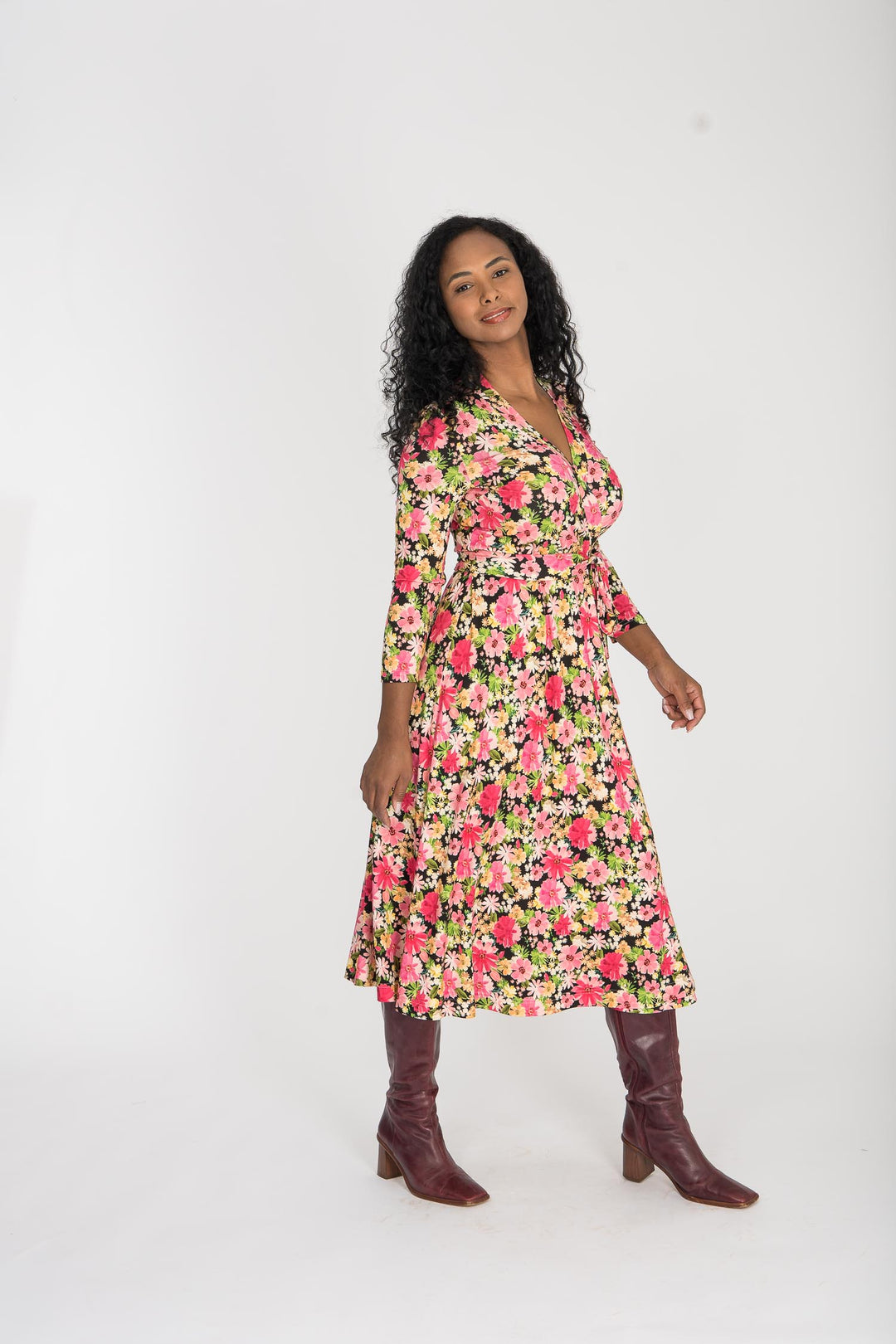 Bestie midi wrap jersey dress - Pink flowers