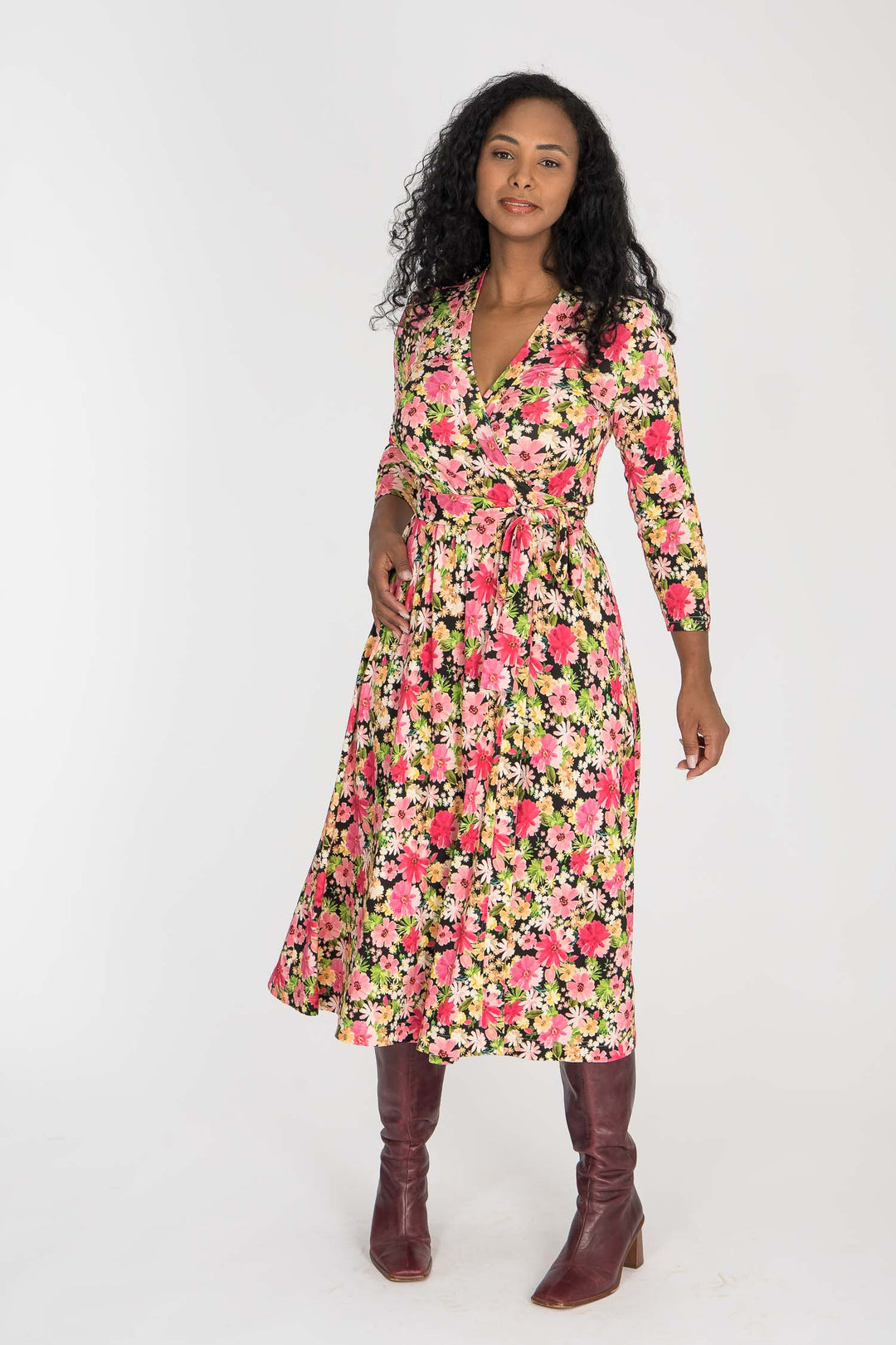 Bestie midi wrap jersey dress - Pink flowers