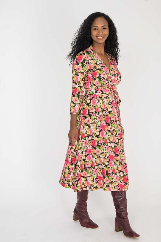 Bestie midi wrap jersey dress - Pink flowers