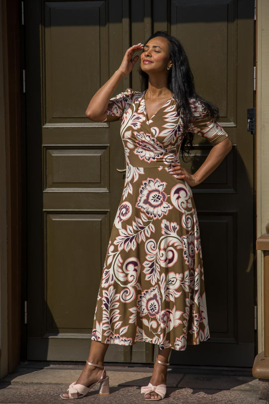 Closed wrap midi jersey dress - Olive