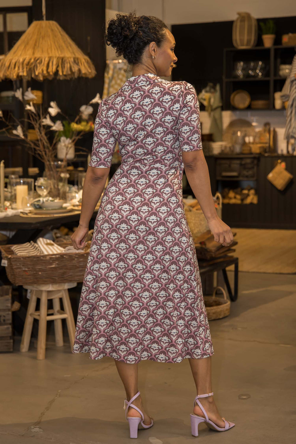 Collar wrap midi jersey dress - Mauve