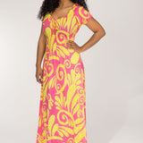 Drawstring dream maxi jersey dress - Pink-Yellow