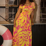 Drawstring dream maxi jersey dress - Pink-Yellow