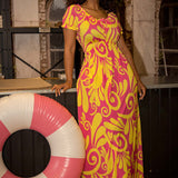 Drawstring dream maxi jersey dress - Pink-Yellow