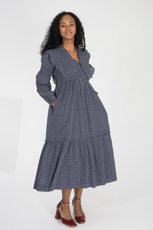 Flounce dobby midi dress - Blue star