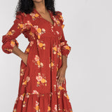 Flounce dobby midi dress - Red Flower
